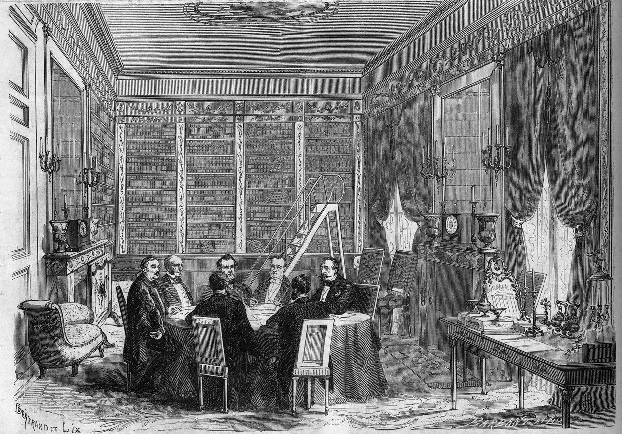 Andra kejsardömets regering: Ministerrådet ledd av kejsar Napoleon III (1808-1873) i biblioteket i slottet Compiegne av French School