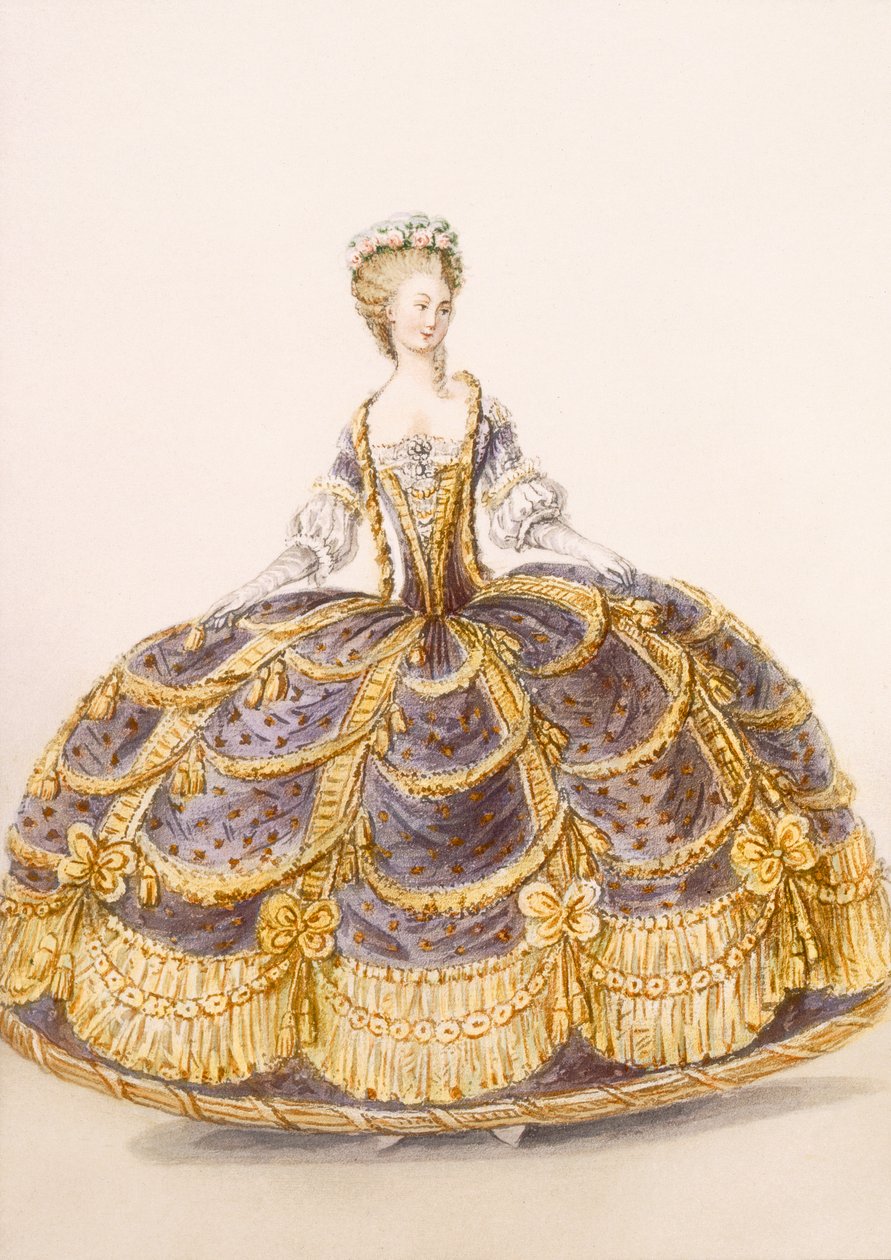 Klänning lämplig för presentation vid hovet, tallrik från Galeries des Modes et Costumes Francais, c.1778-87 99:clothing; traditionell klänning; traditionell kostym; mode; illustration; av French School
