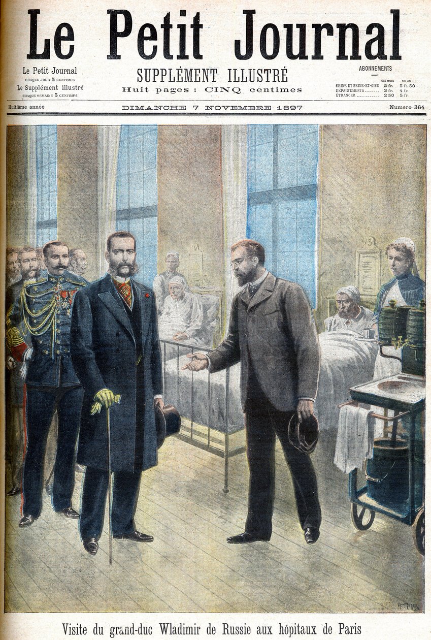 Storhertig Vladimir Alexandrovich av Ryssland (Vladimir Alexandrovich av Ryssland) besöker Paris sjukhus - illustration för Le Petit Journal, 7 november 1897 (gravyr) av French School