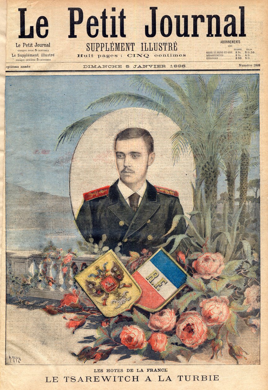 Storhertig och rysk tsarevich George Alexandrovich, bror till tsar Nicholas II på besök i La Turbie, Frankrike, "le Petit Journal", 5 januari 1896 (gravyr) av French School
