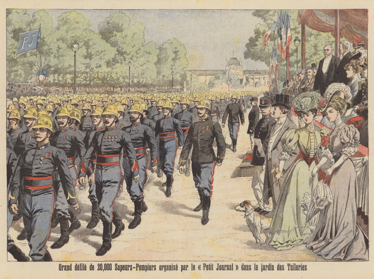 Stor parad med 20.000 brandmän genom Jardin des Tuileries i Paris (färglitografi) av French School