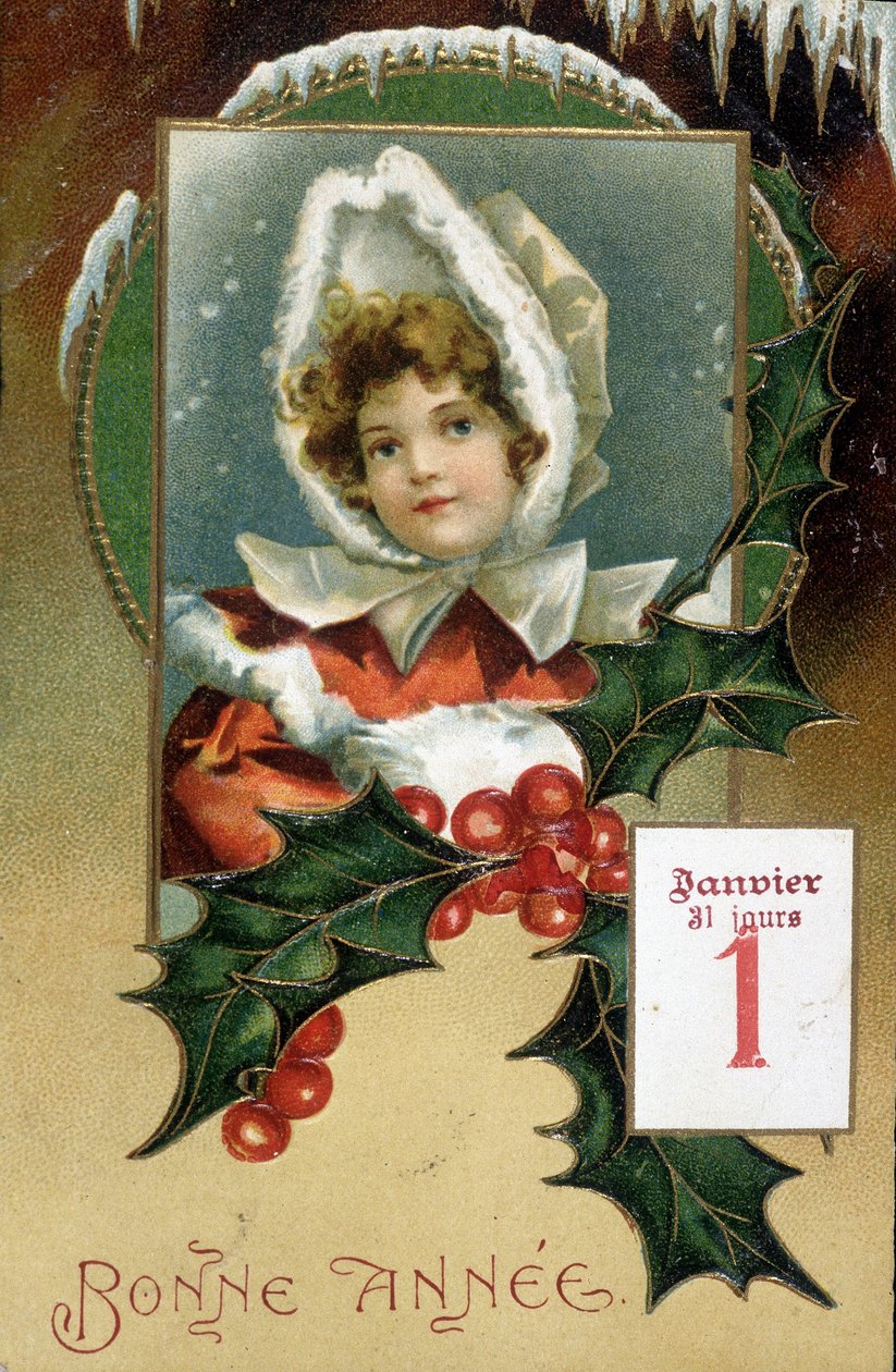 Gratulationskort: "" Gott Nytt År"" (tjej med järnek) - vykort, n.d., tidigt 1900-tal av French School