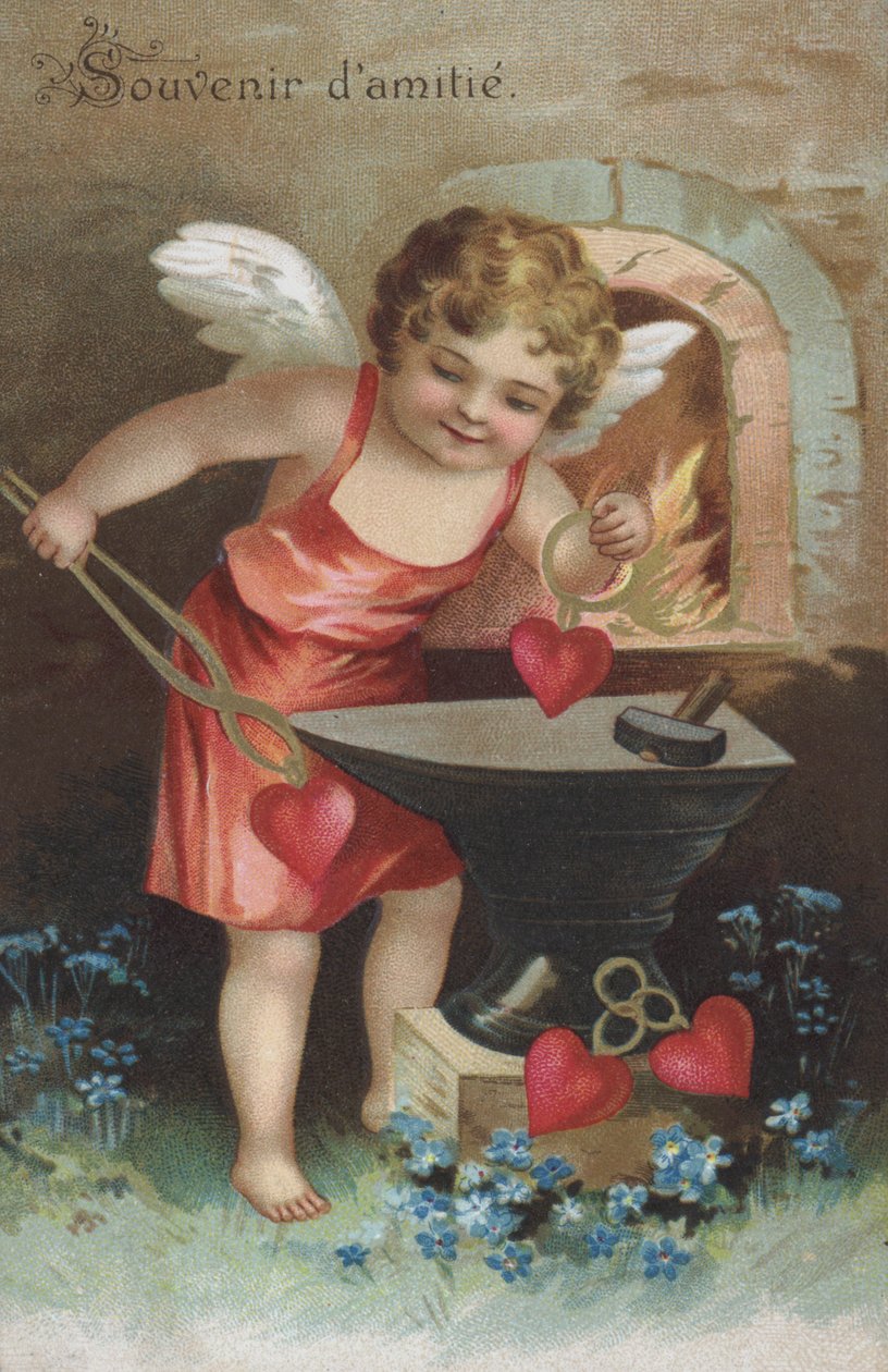 Gratulationskort som visar en kerub som skapar vänskapstecken i en smedja (chromolitho) av French School