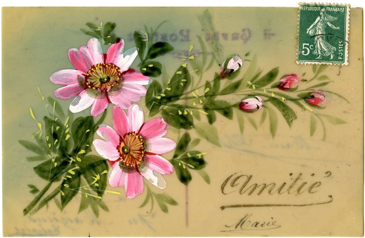 Hälsningar med blommig växt. Vykort från början av 1900-talet. av French School