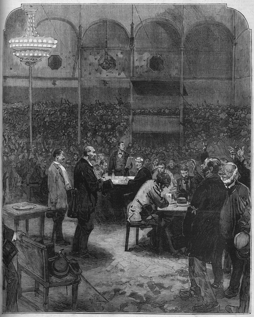 Greve des cochers de charres de Paris 1878: val av delegater till företaget Petites Cars (Petite-Cars) i Fernando-cirkusen. Gravyr i "" Le Monde Illustré"" nr 1116 av 17 augusti 1878. av French School