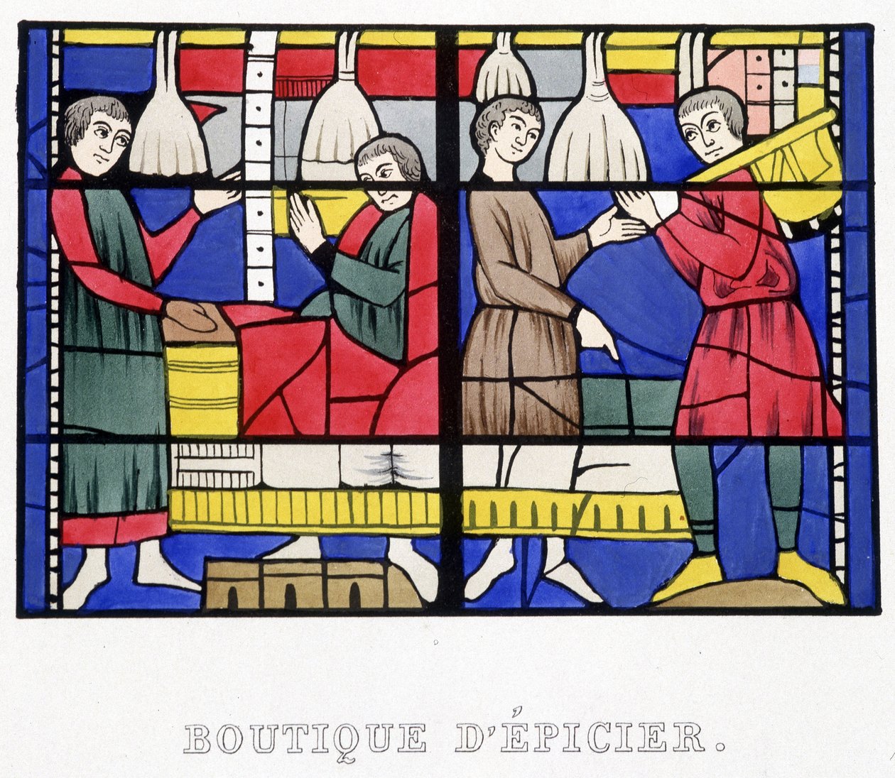 Livsmedelsbutik. Faksimil av ett målat glas från medeltiden i "Histoire de la peinture sur verre"" av Ferdinand de Lasteyrie av French School