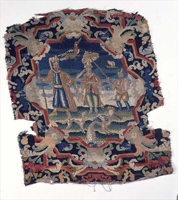 Gros point och petit point sätesöverdrag av tre östeuropeiska figurer och fåglar, mitten av 1700-talet (detalj) av French School