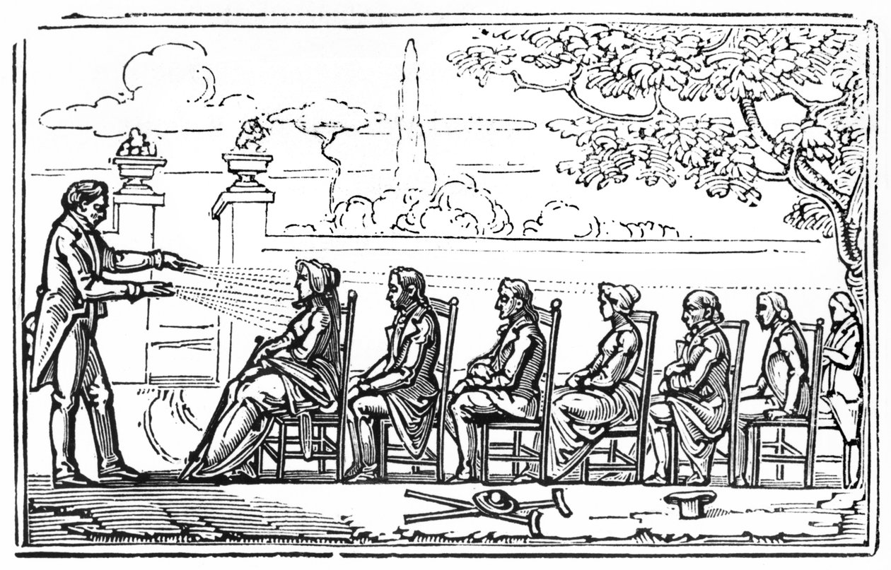 Gruppmagnetisk terapi, illustration från Therapeutique Magnetique av Baron du Potet, 1863 av French School