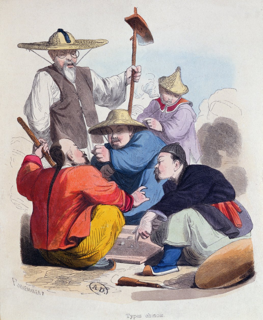 Grupp kinesiska män som spelar tärning, ca 1850 (färggravyr) av French School