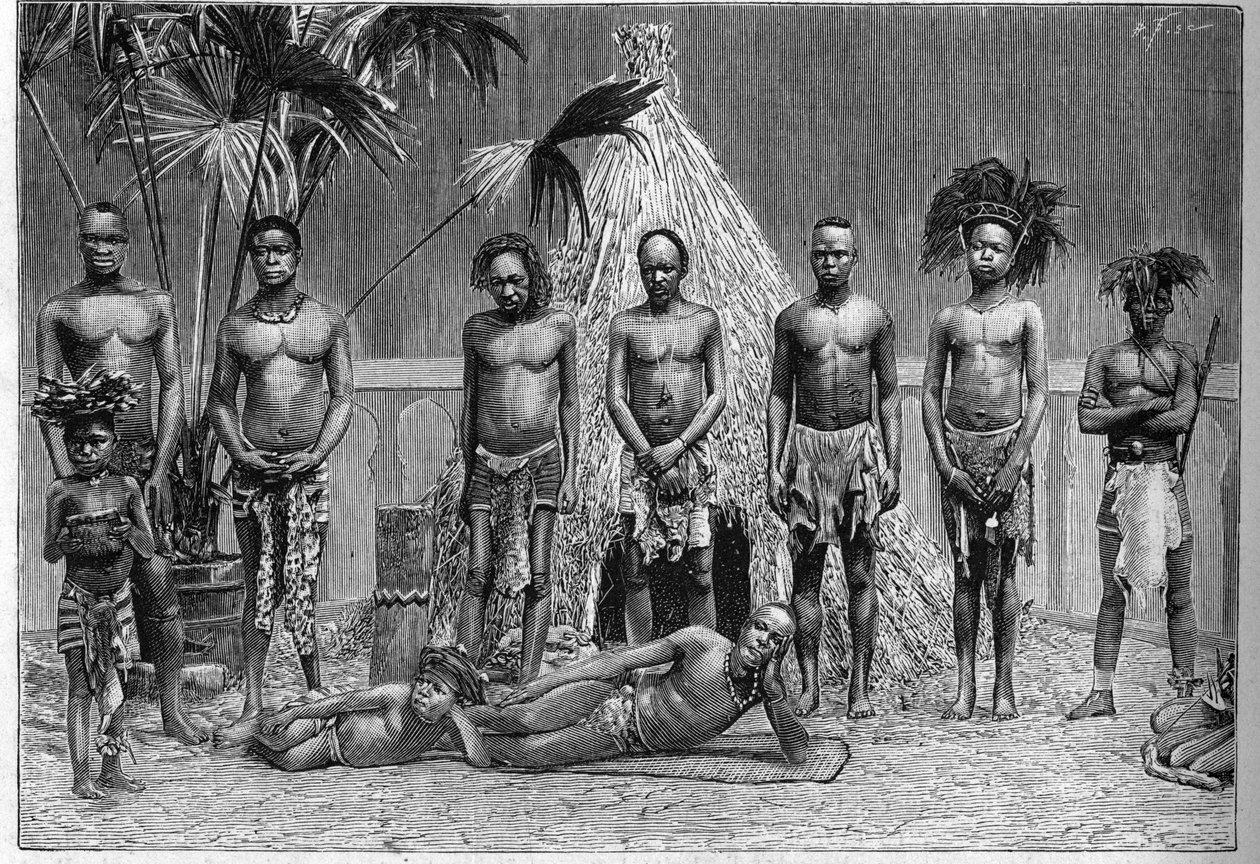 Grupp män från den angolanska truppen ställde ut i Paris under världsutställningen 1889 (Human Zoo). av French School