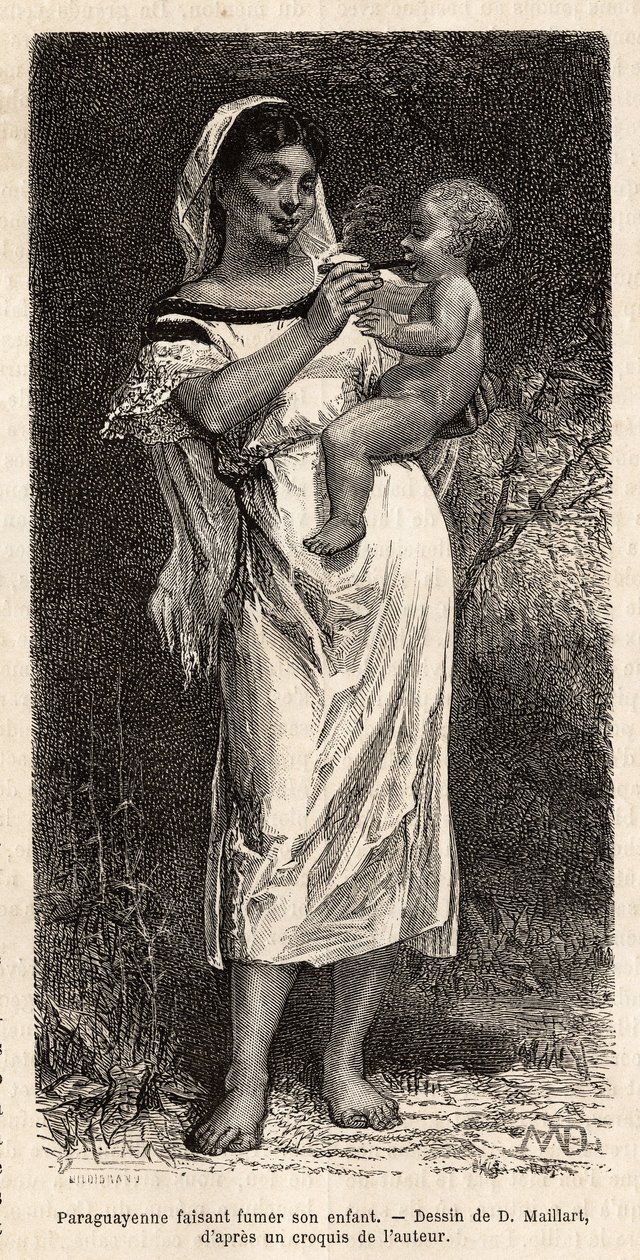 Guaranie-kvinna som röker cigarren till sitt barn, ridande på höften, för att försöka lugna hennes rop, gravering efter D.Maillarts teckning, illustrerar resan till Paraguay 1872-1873, av L.Forgues, publicerad i "" Le tour du monde”” 1874, redigerad av Edo av French School