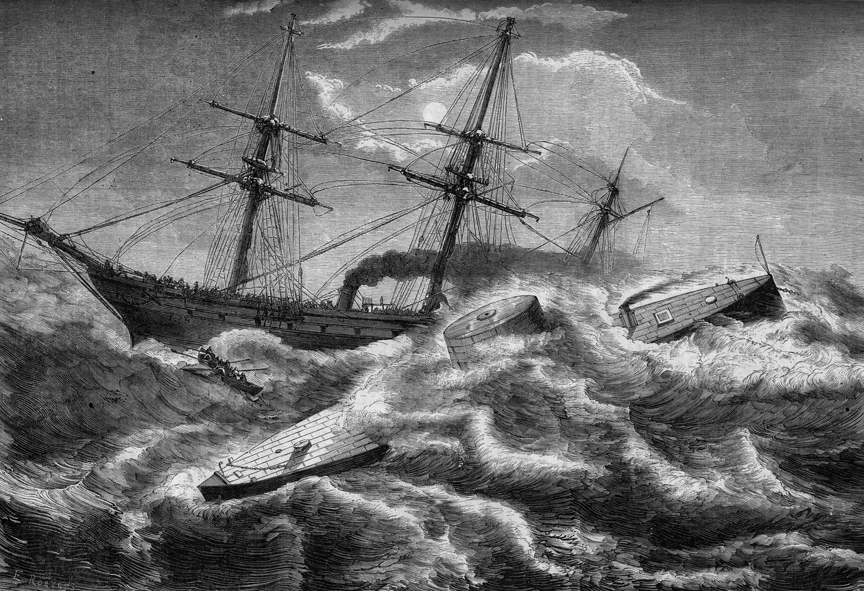 Inbördeskriget eller amerikanska inbördeskriget (1861 - 1865): förlisning av ""Monitor"", federal armés slagskepp, den 31 december 1862 i Welmington (South Carolina). Gravyr i ""Le Monde Illustre"" nr 304 den 7 januari 1863. av French School