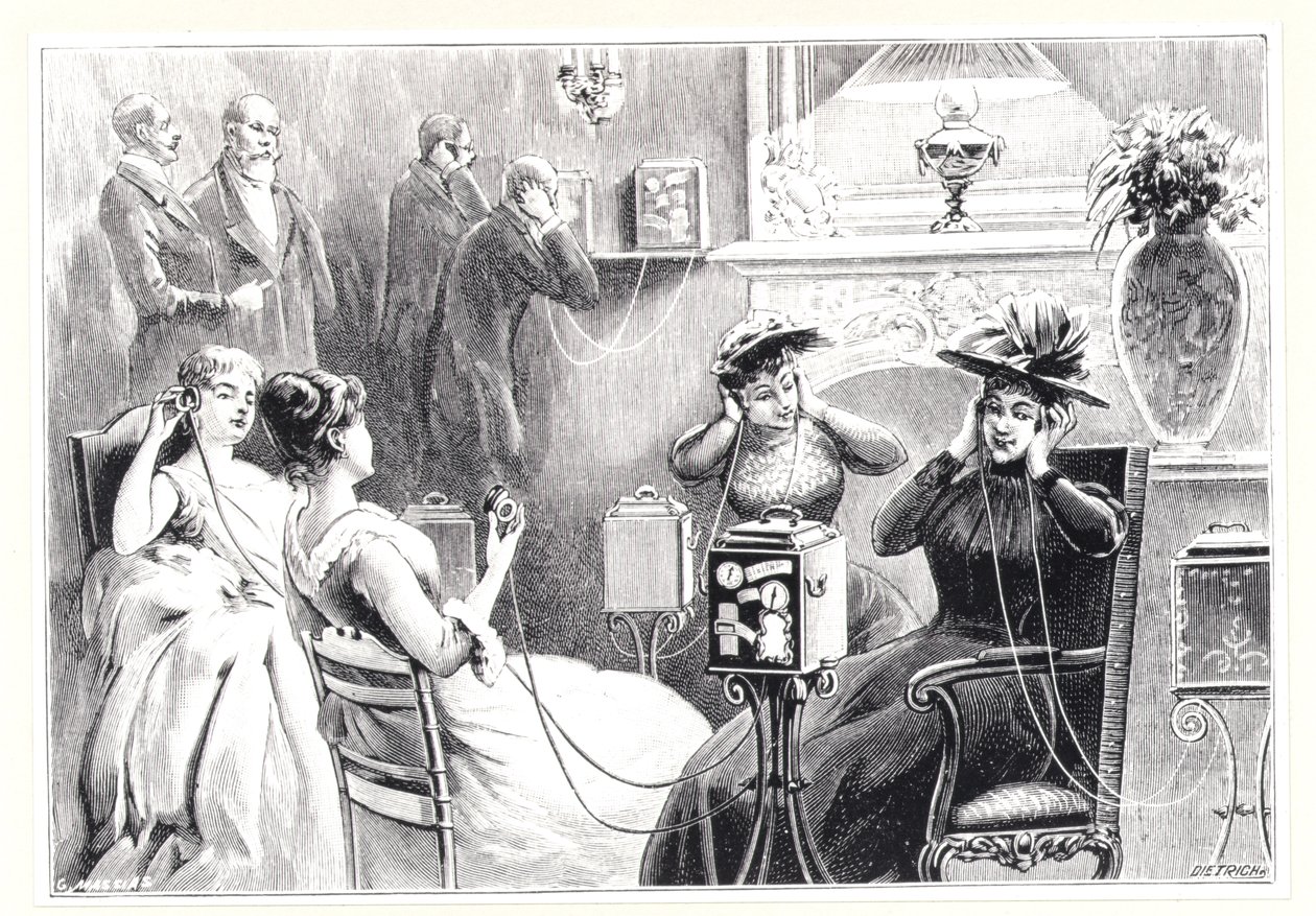 Gäster på ett hotell i Paris som lyssnar på direkta reläer för opera- eller teaterföreställningar på Marinovitchs och Szarvadys Theatrophone, från La Nature, publicerad 1892 av French School