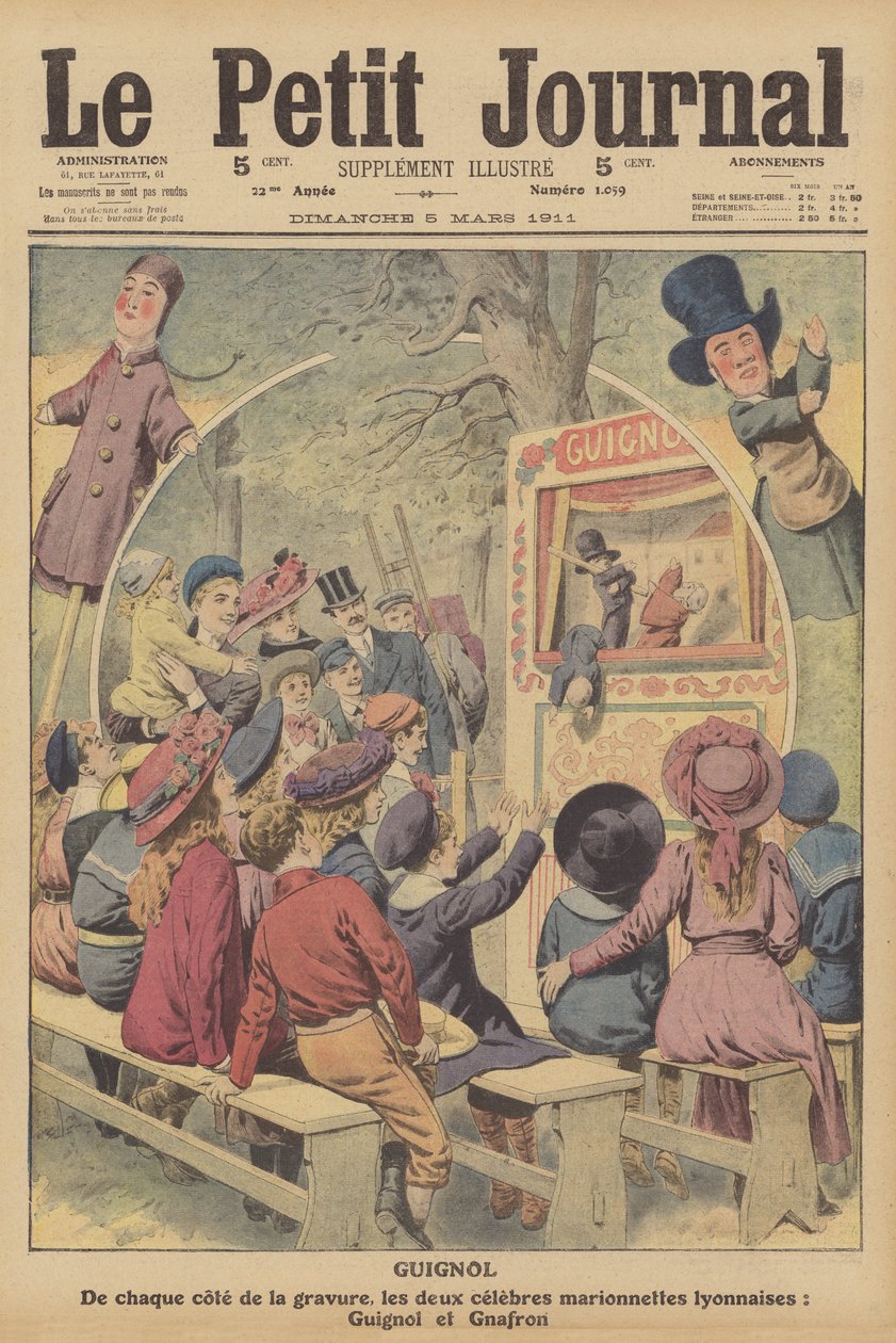 Guignol och Gnafron, berömda franska marionetter från en föreställning i Lyon (färglitografi) av French School