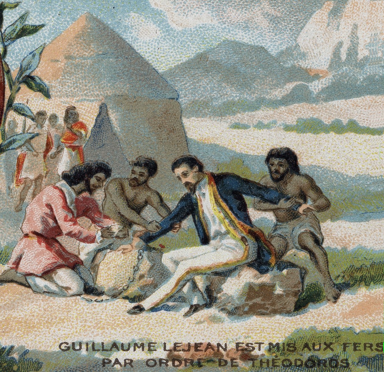 Guillaume Lejean, en fransk upptäcktsresande, sattes i bojor på order av kejsar Theodoros av Abessinien (nuvarande Etiopien). Kromolitografi av 1800-talet. av French School