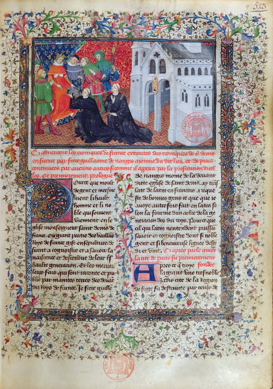 Guillaume de Nangis (d.130003) presenterar sin bok för Philippe IV (1268-1314) le Bel, Frankrikes kung 1285-1314 av French School