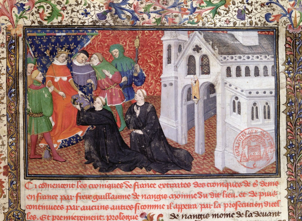 Guillaume de Nangis (d.130003) presenterar sin bok för Philippe IV (1268-1314) le Bel, kung av Frankrike 1285-1314 av French School
