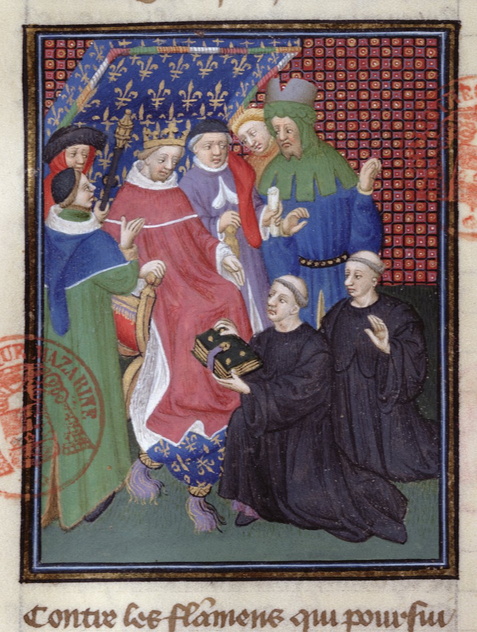 Guillaume de Nangis (d.1300 eller 1303) presenterar sin bok för Philippe IV le Bel, kung av Frankrike från 1285-1314 (vellum) (detalj av 239257) av French School