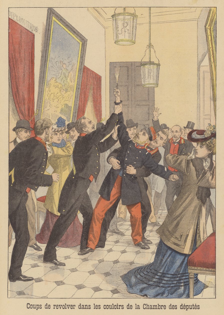 Skottlossning i korridorerna i den franska deputeradekammaren (färglitografi) av French School