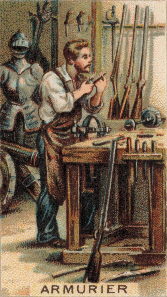 Vapensmed i arbete i sin verkstad (chromolitho) av French School
