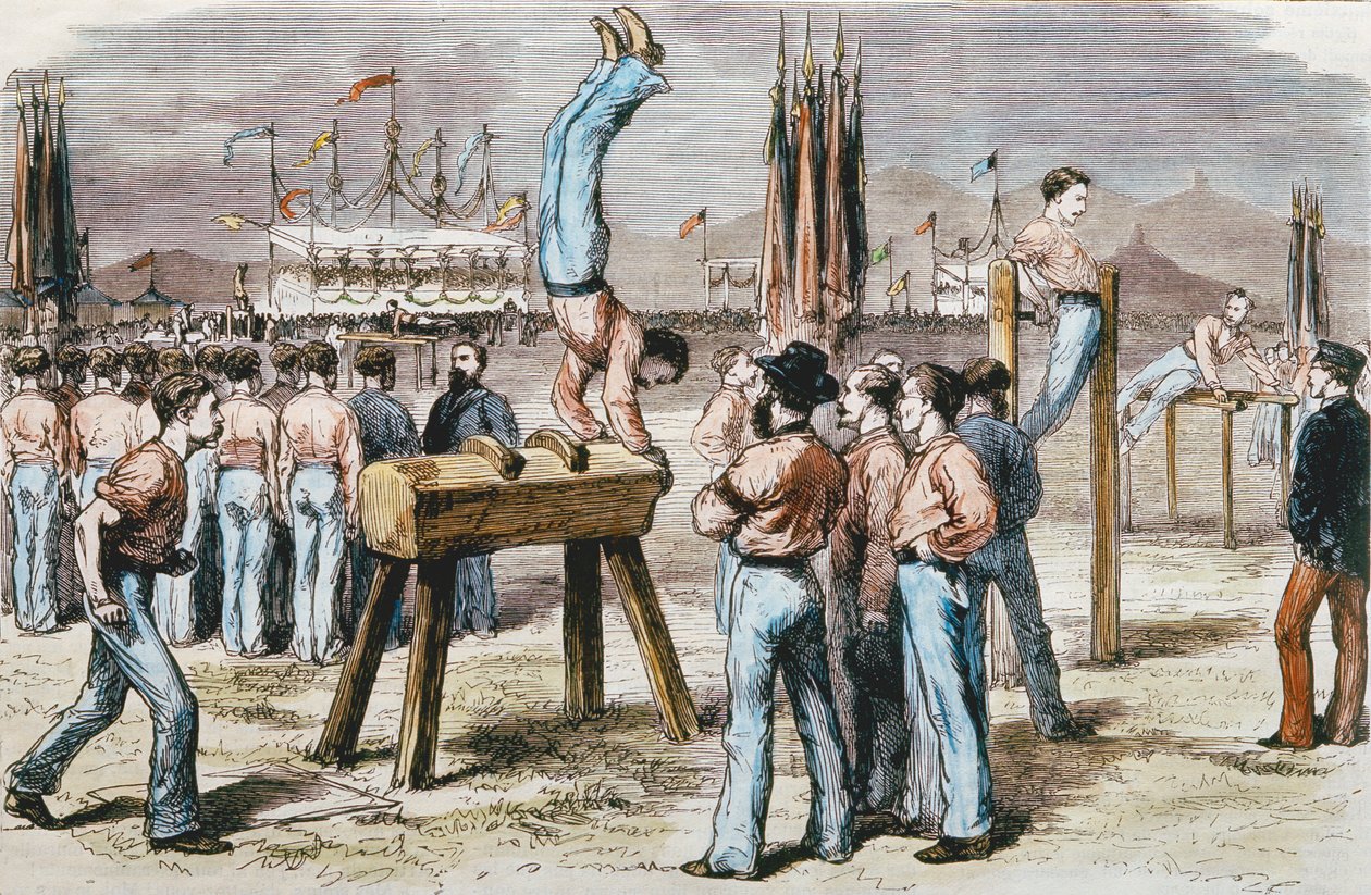 Gymnastiktävling, 1876 (färggravyr) av French School