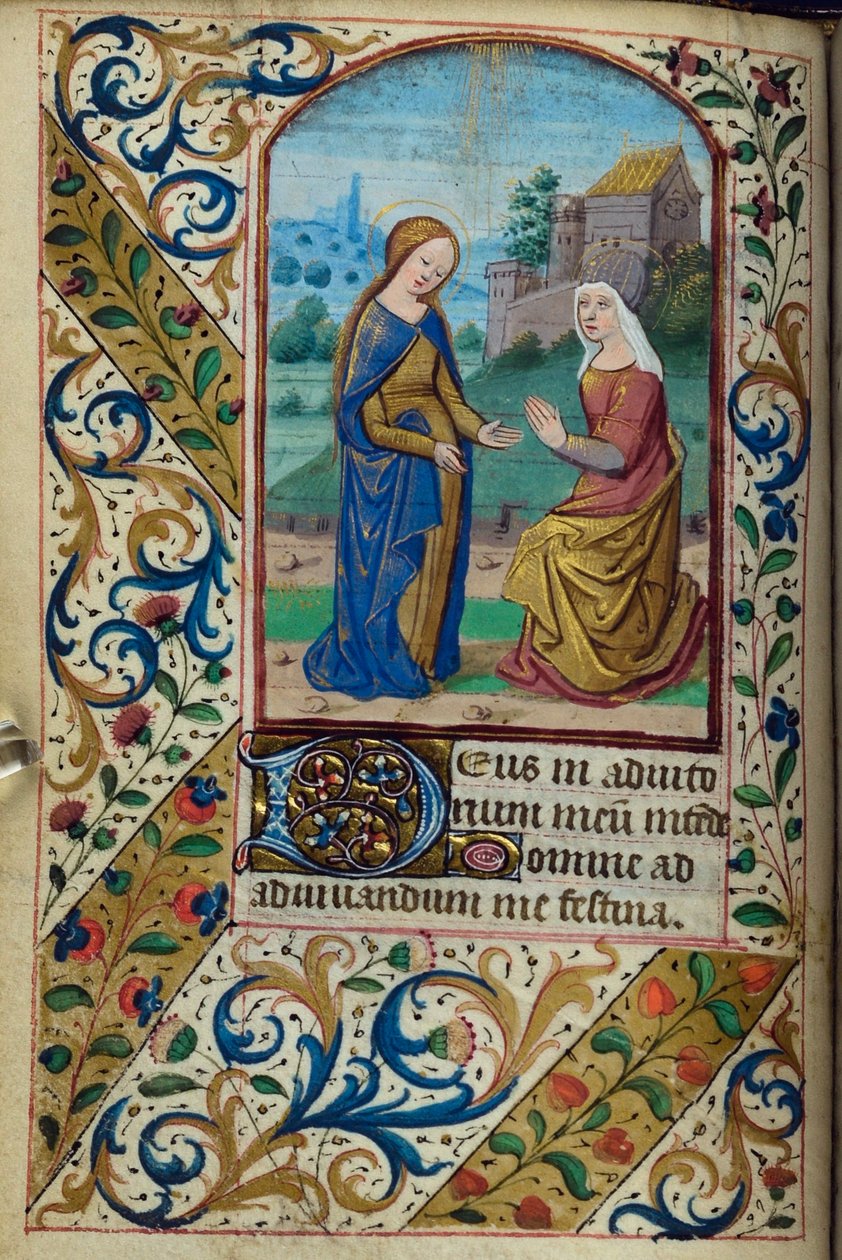 H/L-3-3 fol. 46v The Visitation, från Book of Hours, Use of Paris, mitten av 1400-talet av French School