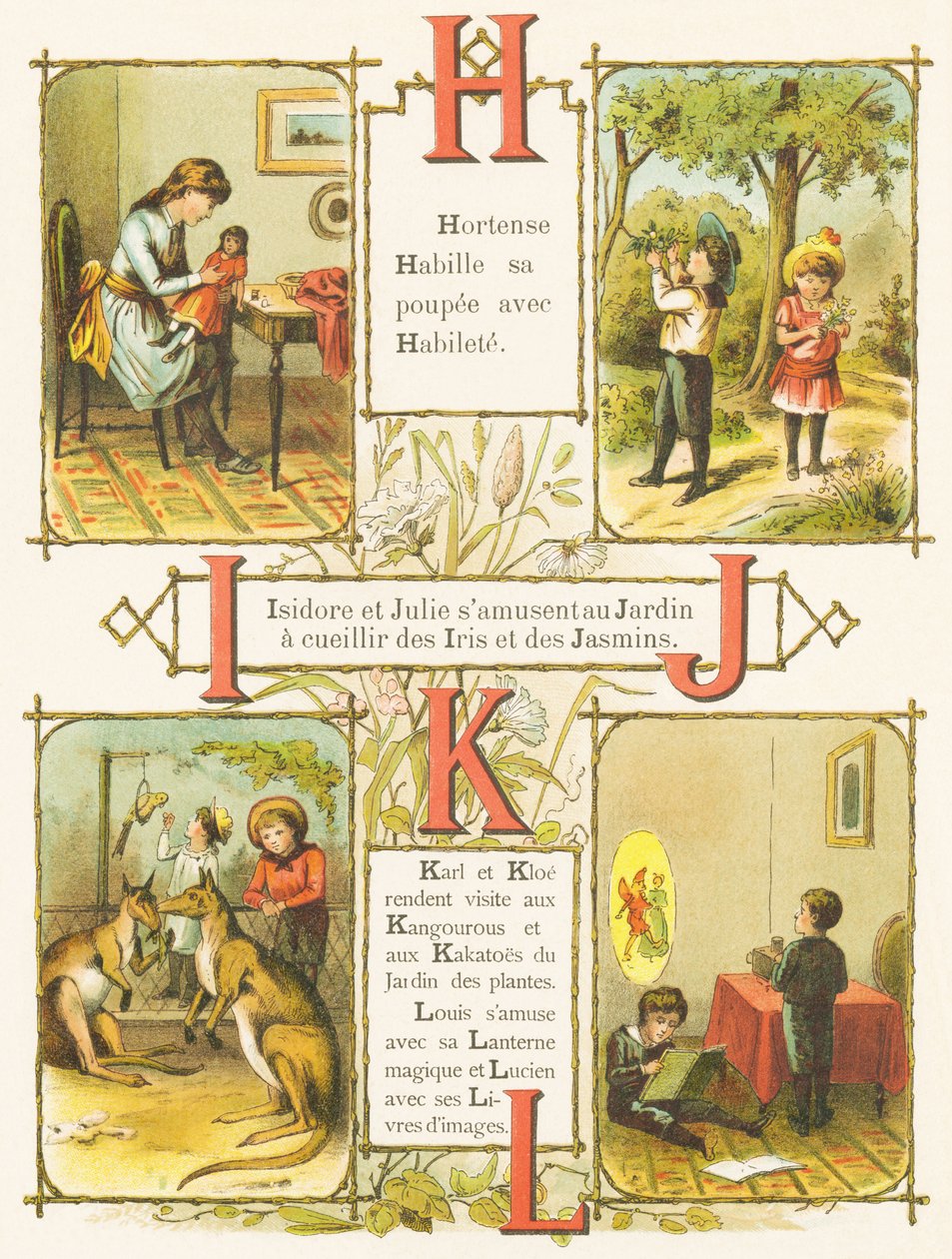 H I J K L: Skicklighet, Trädgård, Iris, Jasmin, Kängurur, Kakato, Trolllykta, Bilderböcker av French School