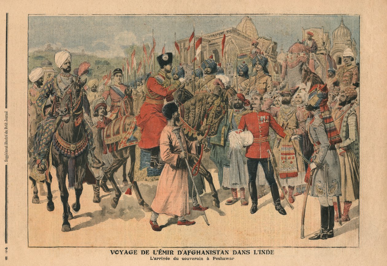 Habibullah Kahn (1872-1919) Emir av Afghanistan anländer till Peshawar, Indien, illustration från 