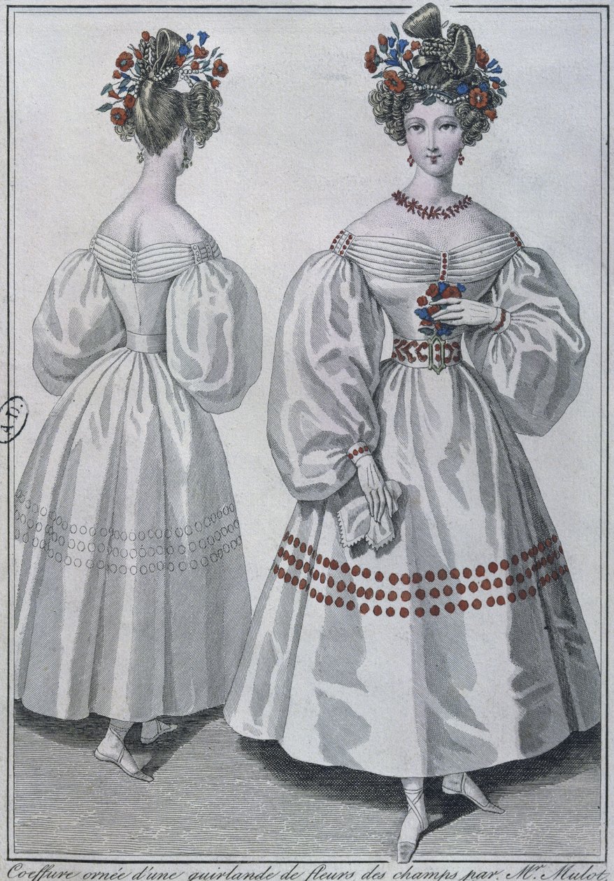 Frisyr med en krans av vilda blommor, Paris, 1829 (färggravyr) av French School