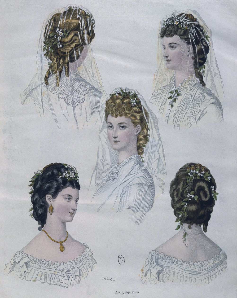 Frisyrer, illustration från La Mode illustree, 1872 (färggravyr) av French School