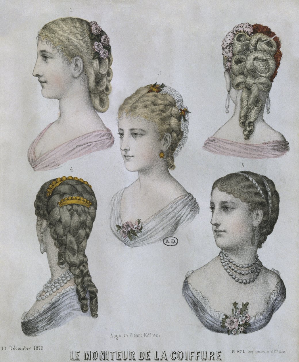 Frisyrer, illustration från Le Moniteur de la Coiffure, 10 december 1879 (färggravyr) av French School