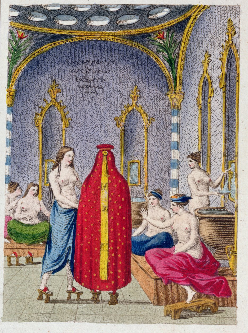 Hammam i Turkiet, illustrerad tallrik från Moeurs, usages et costumes des ottomans av A. Castellan, Paris, ca 1810 av French School