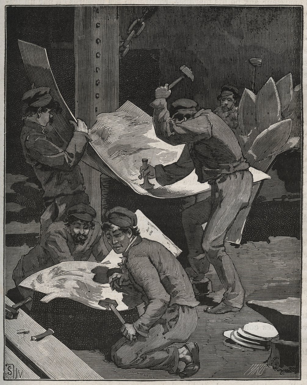 Hamra och sätta ihop delar av Frihetsgudinnan gjorda av Frederic Auguste Bartholdi (1834-1905). Gravyr från 1880 i "" Les arts et metiers illustres"" av Adolphe BITARD. av French School