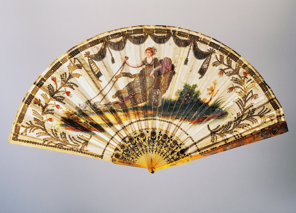 Handfläkt med Venus på sin vagn, målat sidenblad av French School