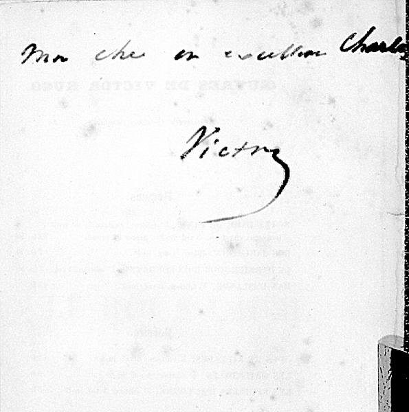 Handskriven signatur av Victor Hugo (1802-85) på en sida i hans bok 