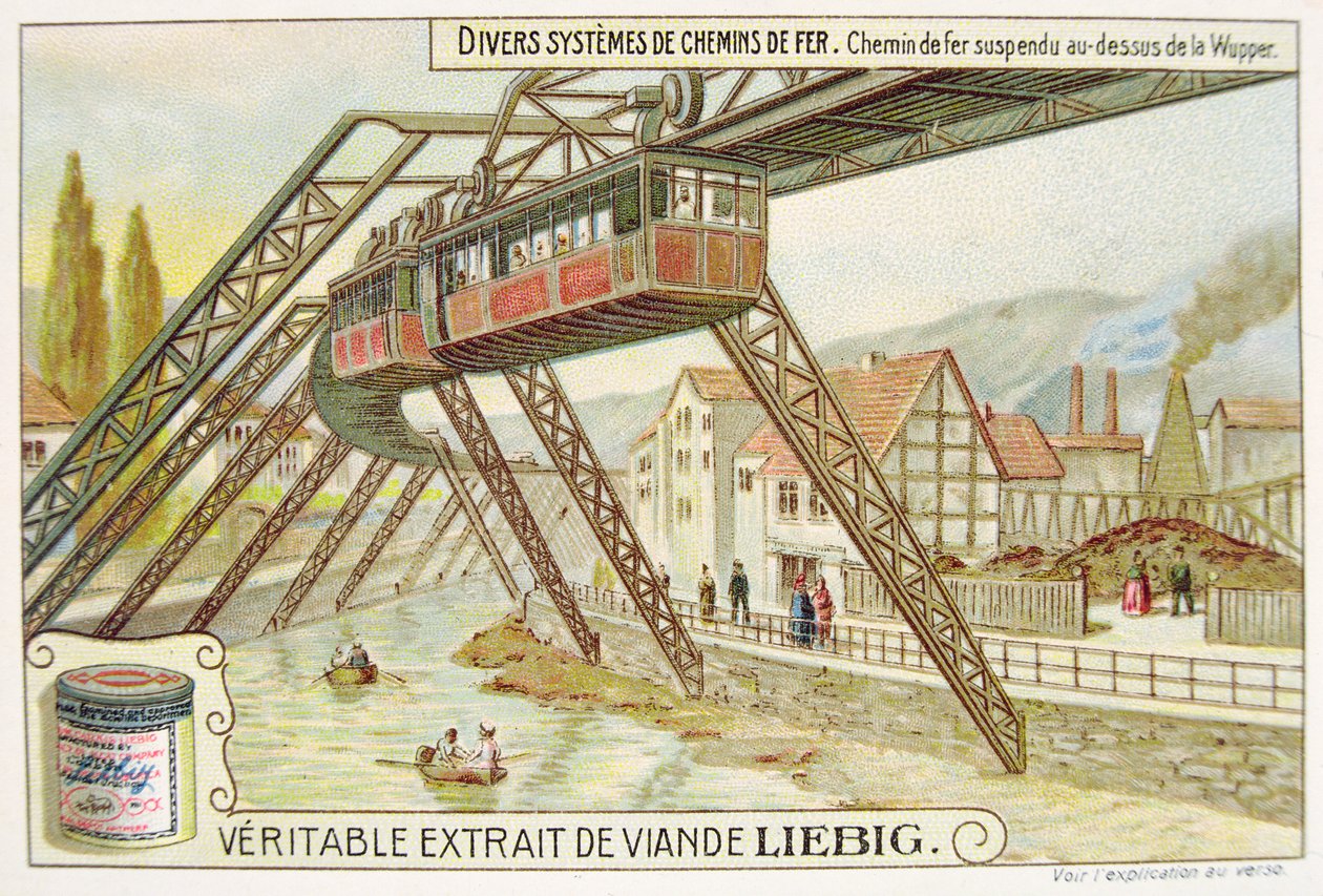 Hängande tåg på Wupperfloden, reklamkort för Veritable Extrait de Viande Liebig av French School