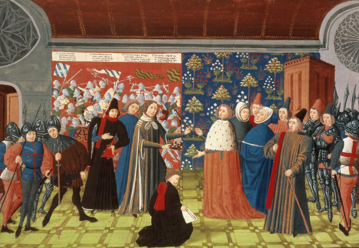 Harl.4380 f.184v Richard II ger kronan till Earl of Derby, från Froissarts Chronicle, Vol IV (vellum) av French School