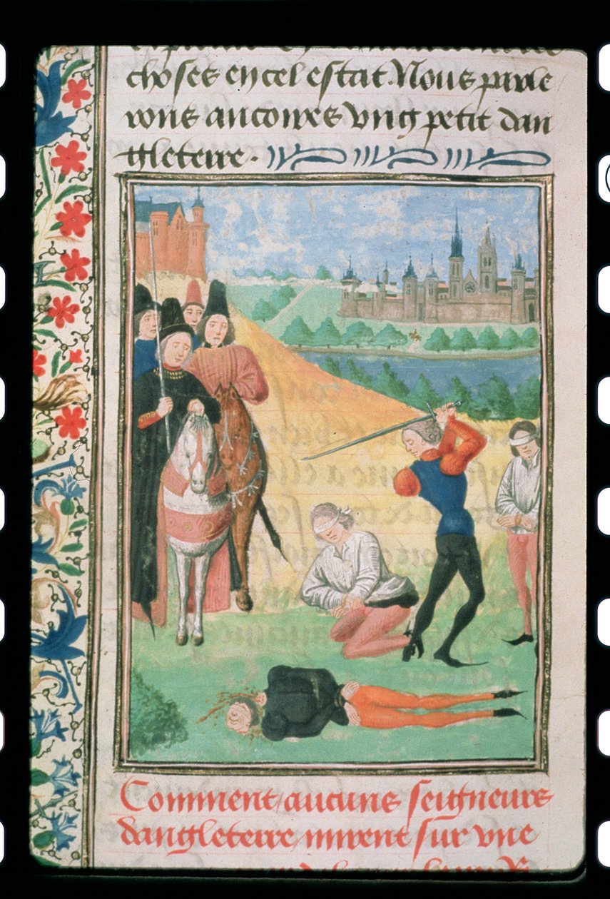 Harl 4380 f.193v Avrättning av Richard II:s anhängare, från Froissarts krönika (vellum) av French School