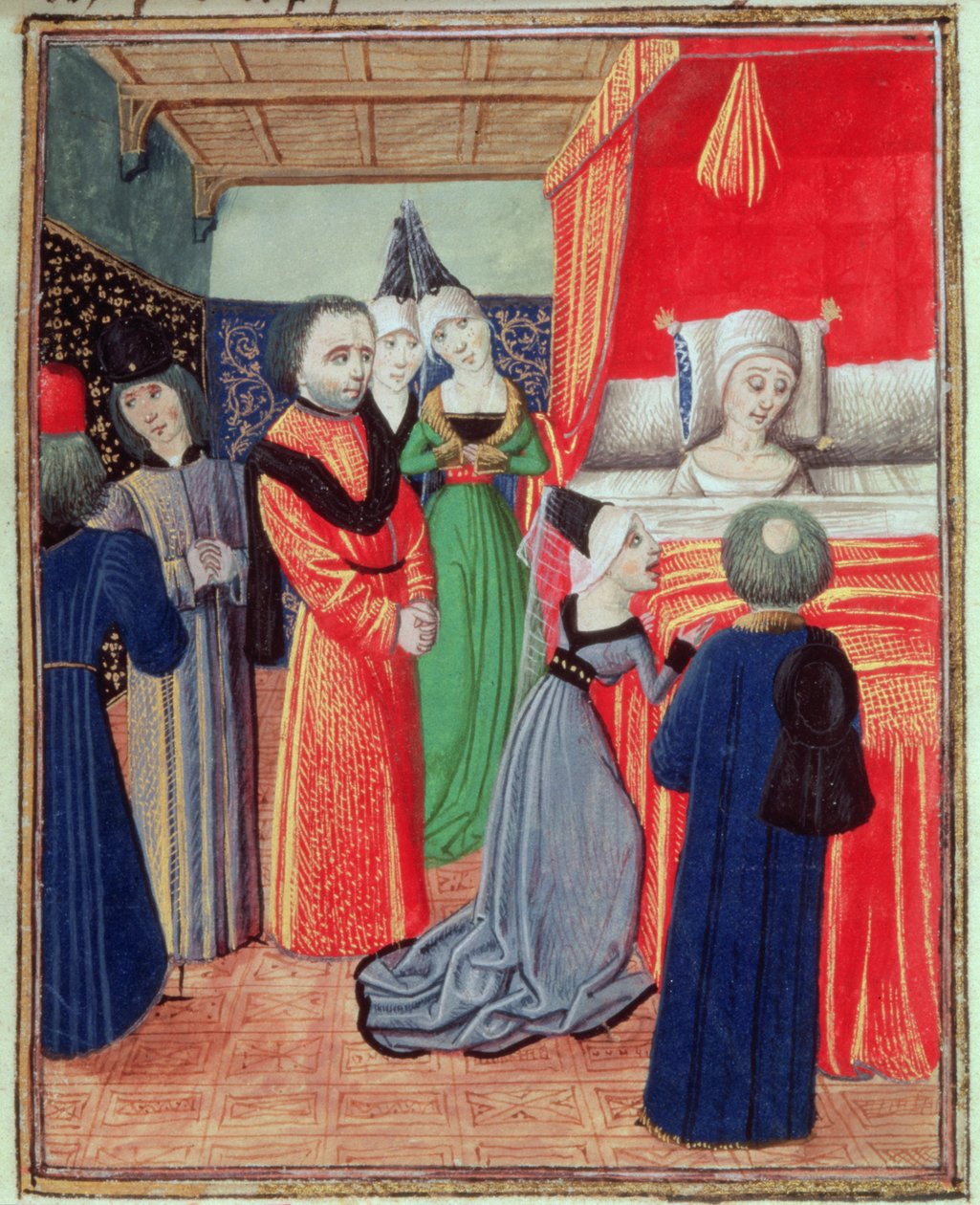 Harl 4380 f.22 Drottning Anne av Böhmen död, Richard II:s hustru, orsakad av pesten, från Froissarts Krönika, Vol IV (vellum) av French School