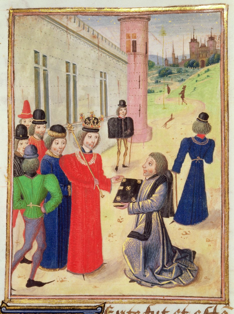 Harl 4380 f.233v Froissart presenterar sin bok för Richard II, från Froissarts Chronicle, Vol IV (vellum) av French School