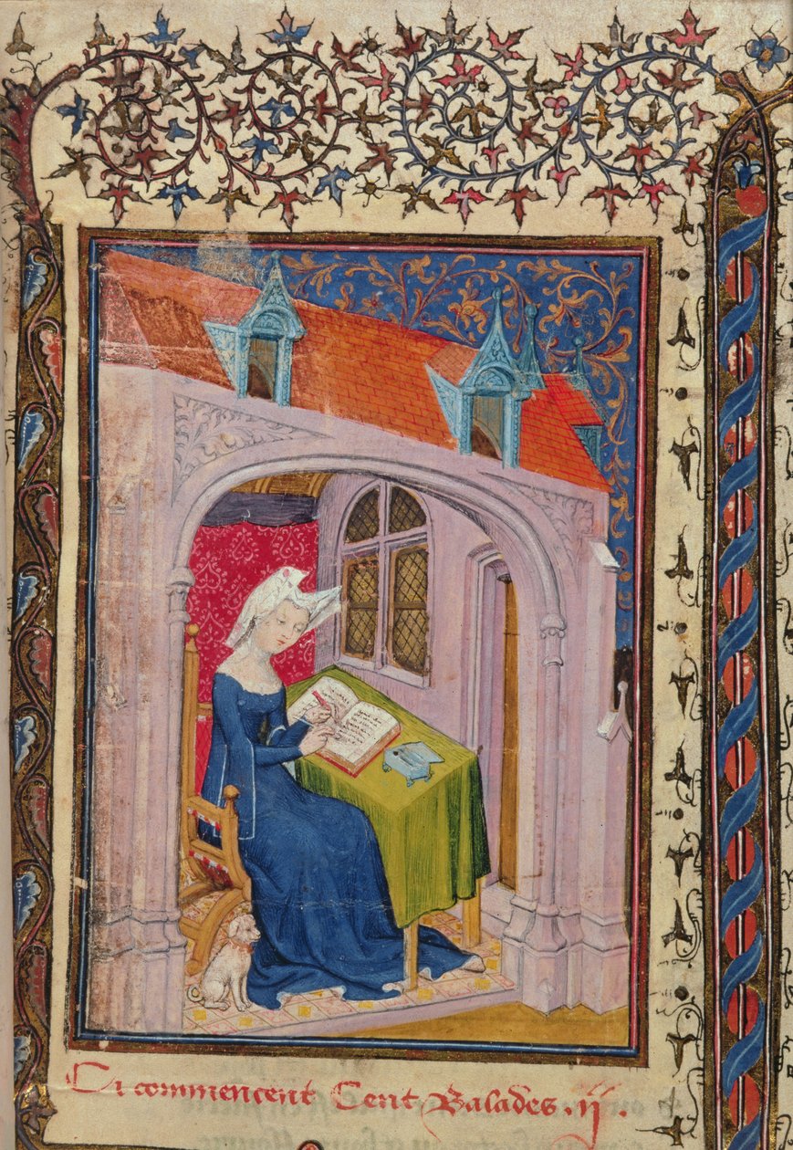 Harl 4431 f.4 Christine de Pisan skriver vid sitt skrivbord, från 