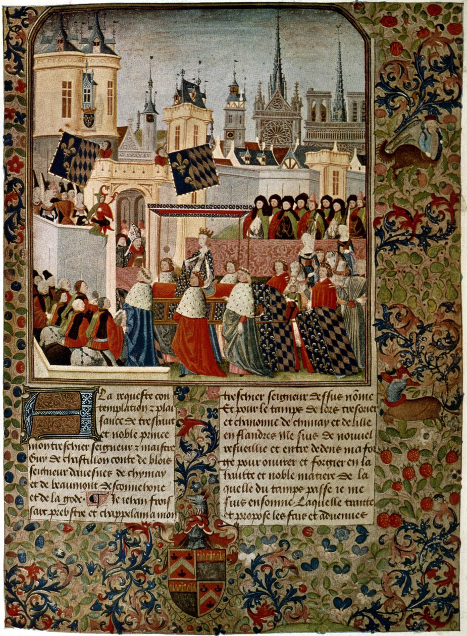 Harley 4379 f.3 Drottning Isabellas, främmande gemål till Edward II (1284-1327) inträde i Paris 1325, avrättad av Jean Froissart (c.1333-c.1404) för historikern Philippe de Comines (1445-1509) ( veläng) av French School