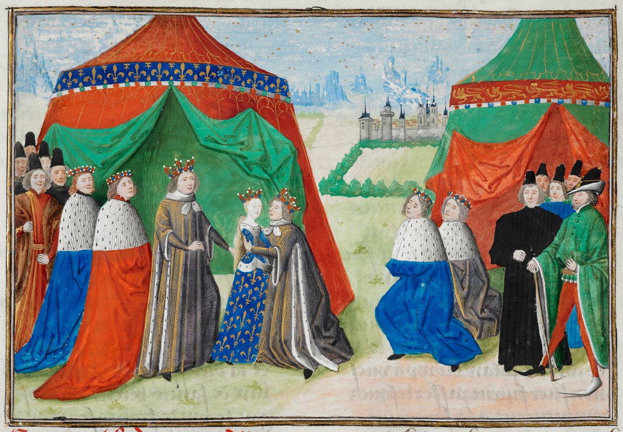 Harley 4380, fol.89 Richard II träffar sin barnbrud, Isabel av Frankrike, från Froissart Chronicles av French School