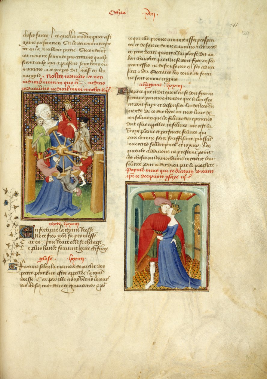 Harley 4431, f.129 Lyckohjulet; och Paris som omfamnar Helen, från 