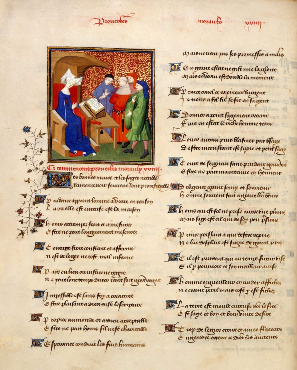 Harley 4431 volym II, f.259v Miniatyr av en kvinna som läser moraliska ordspråk i början av 