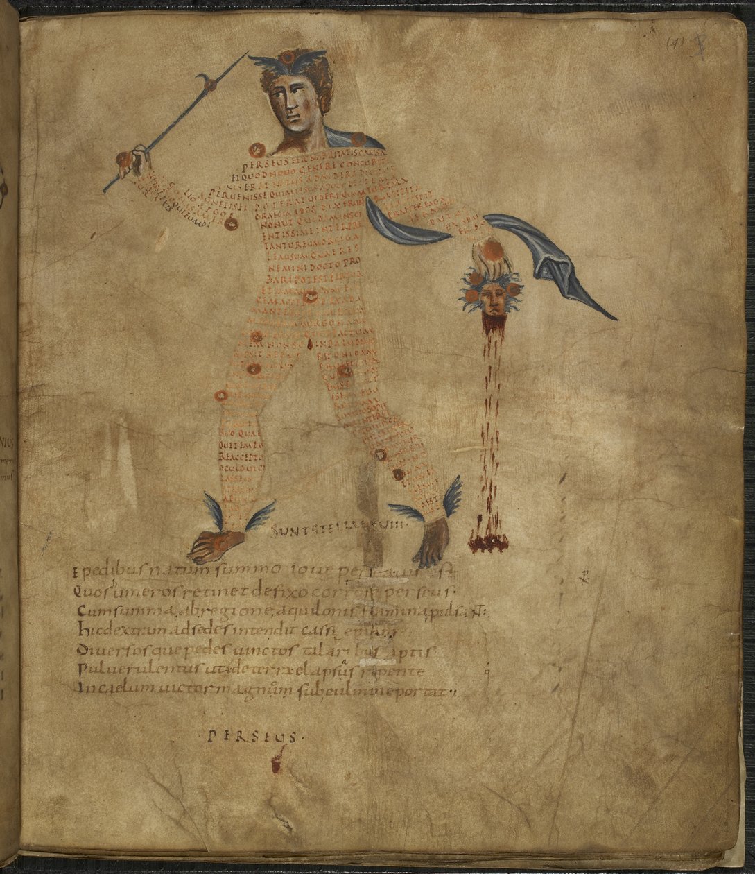 Harley 647, f.4 Illustration av Perseus, en hjälte från den grekiska mytologin, med huvudet av den ormhåriga Medusa, med text eller scholia inom konstellationens gestalt, från 