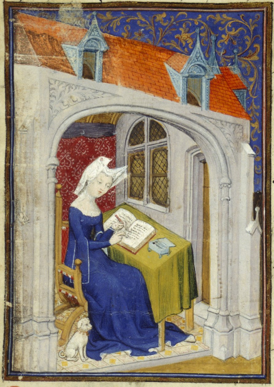 Harley MS 4431 f.004r Detalj av en miniatyr av Christine de Pizan i hennes arbetsrum i början av 
