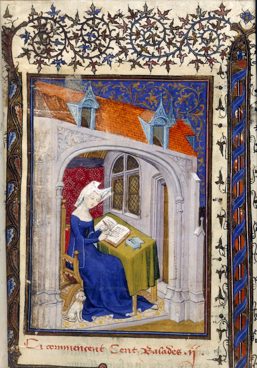 Harley MS 4431 f.004r Detalj av en miniatyr av Christine de Pizan i hennes arbetsrum i början av 