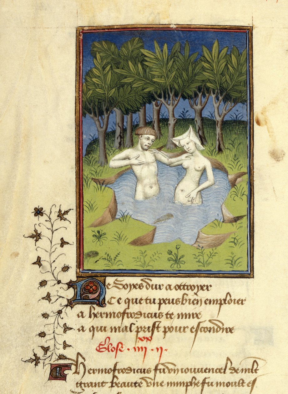 Harley MS 4431, f.132v, Miniatyr av Hermaphroditus och nymfen Salmacis som badar i en sjö, från 