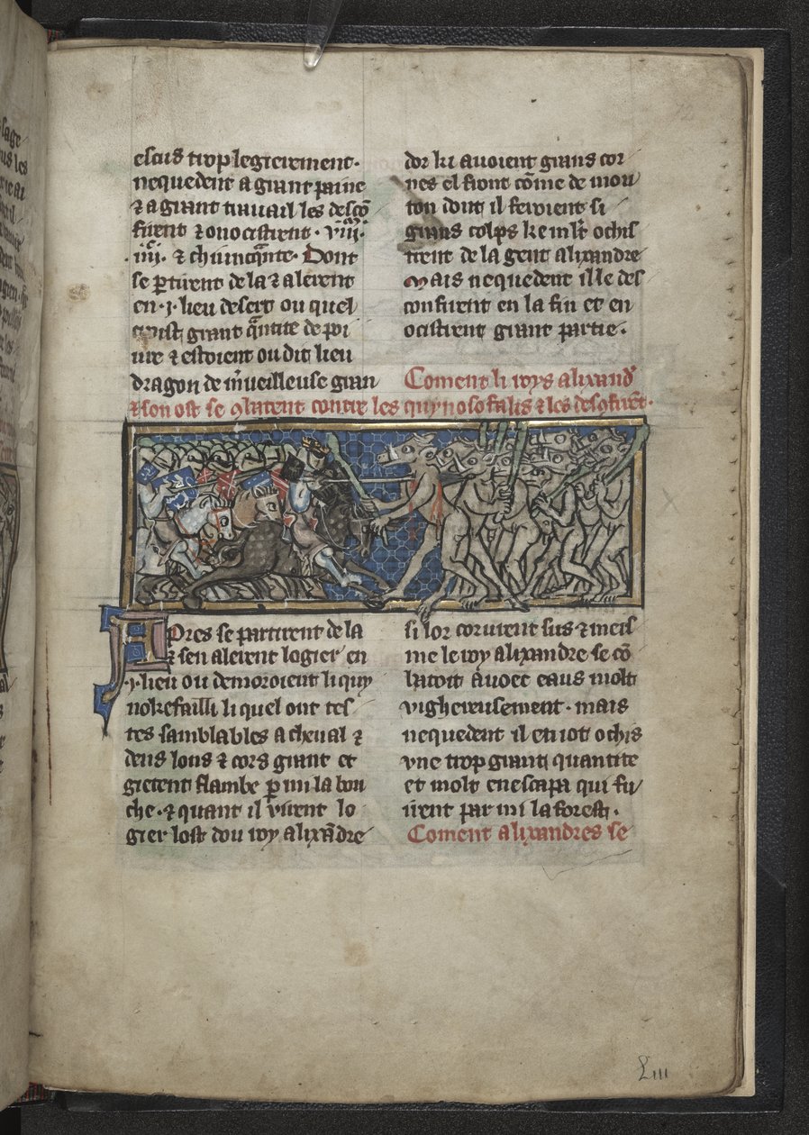Harley MS 4979 f.72r Alexander som bekämpar män med hästhuvuden, från 